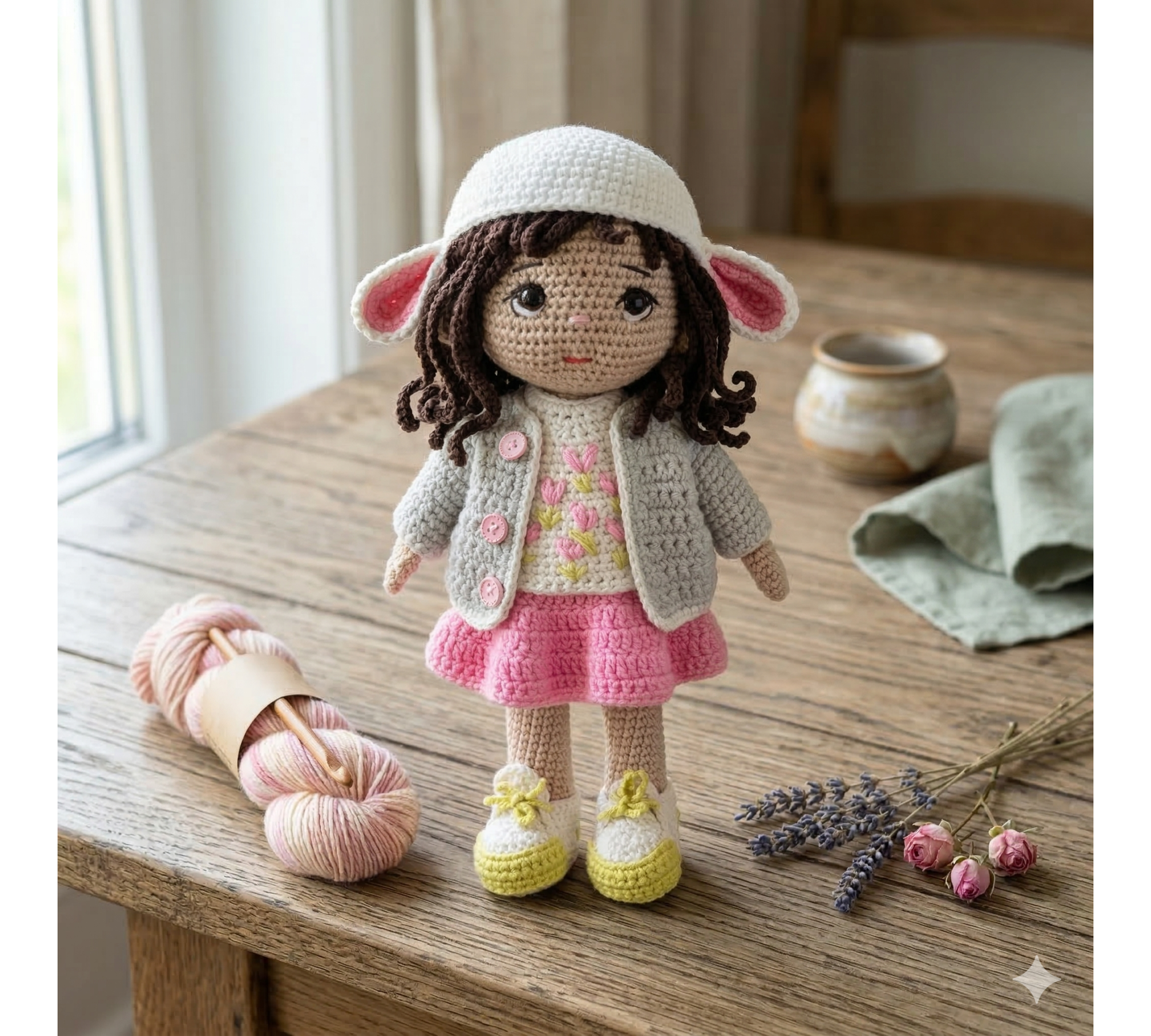 Auri Lamb Hat Doll Crochet Pattern PDF – 9 Inch Amigurumi Doll with Clothes