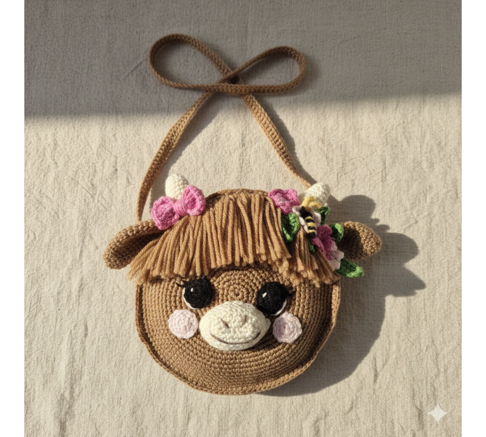Highland Cow Crochet Bag Pattern PDF – Round Animal Purse with Flowers