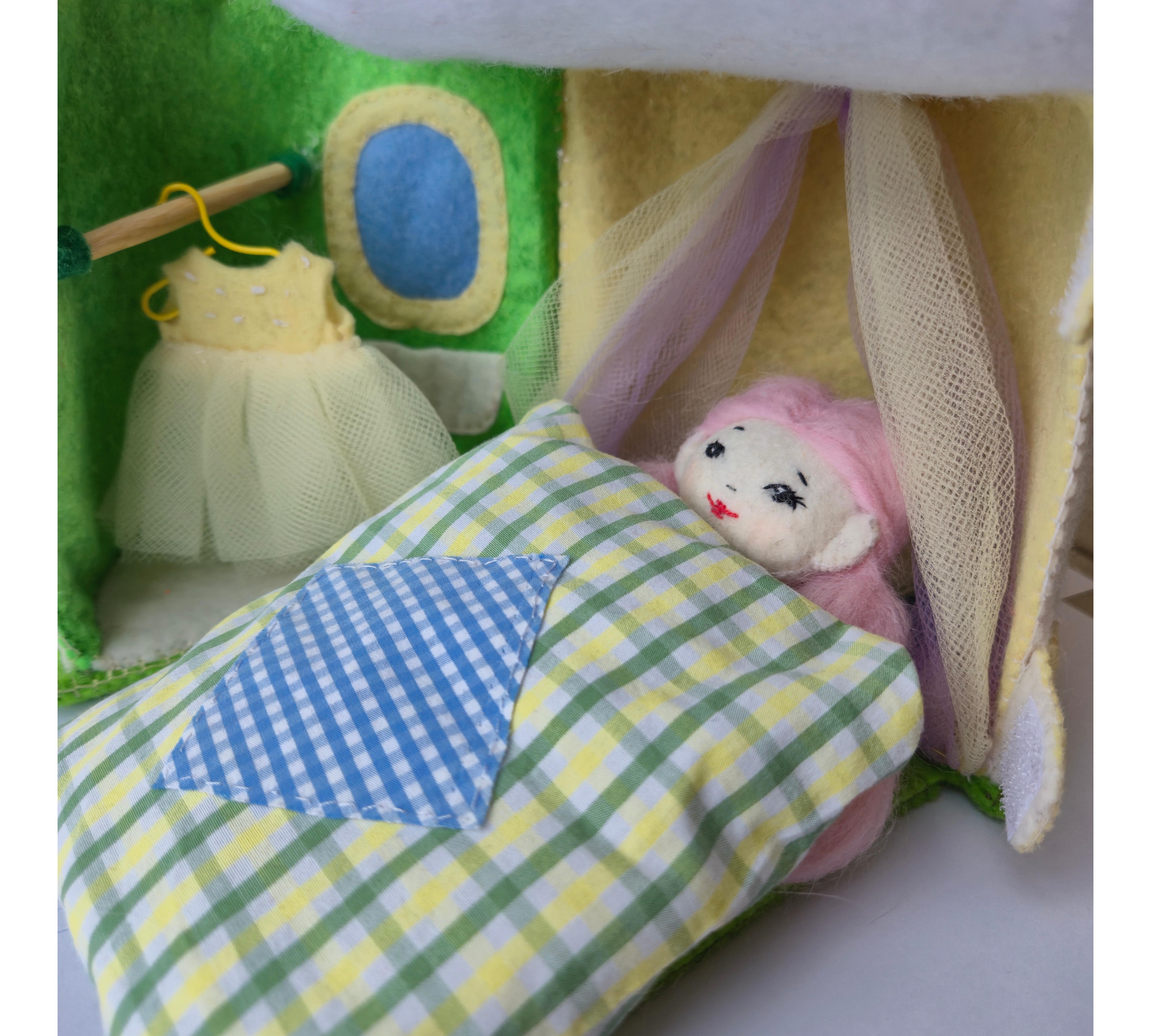 Mushroom Dollhouse Sewing Pattern PDF – Felt Fairy House with Doll and Interior