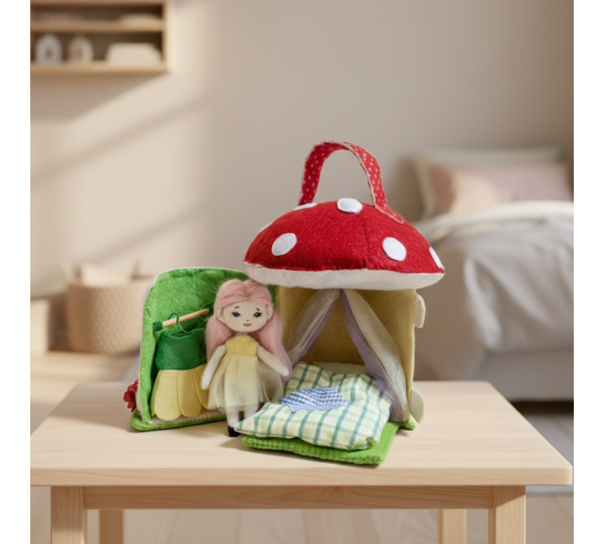 Mushroom Dollhouse Sewing Pattern PDF – Felt Fairy House with Doll and Interior