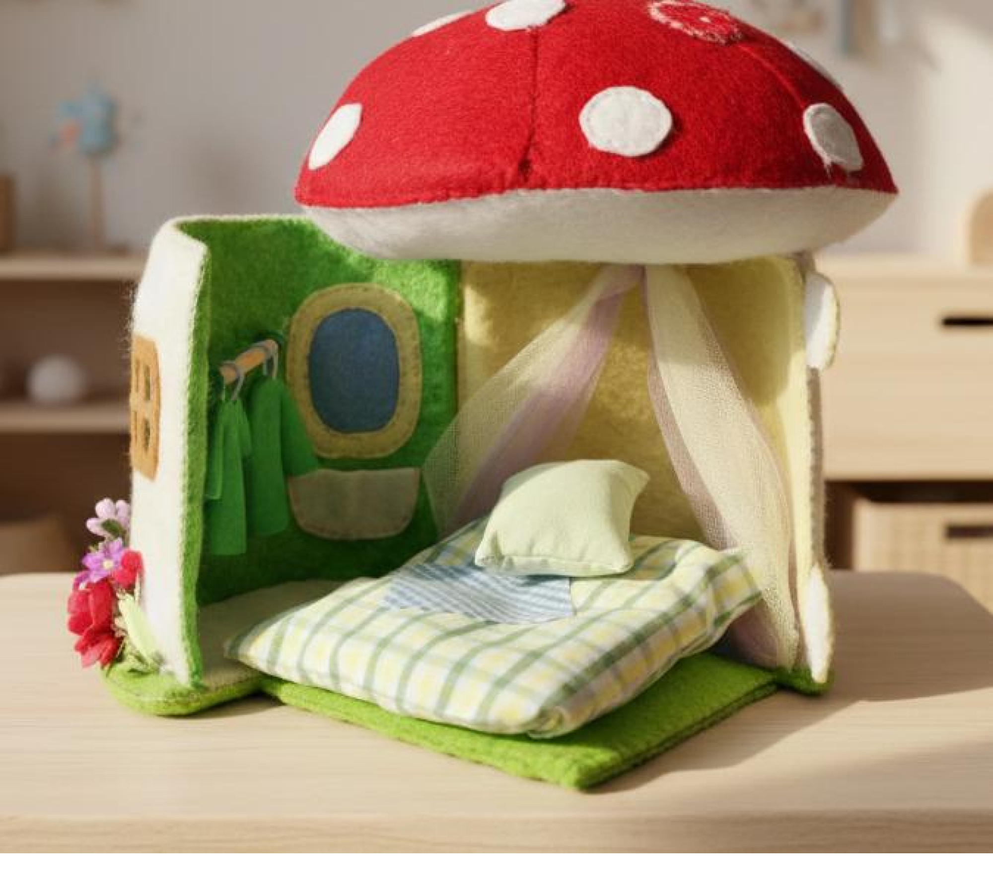 Mushroom Dollhouse Sewing Pattern PDF – Felt Fairy House with Doll and Interior