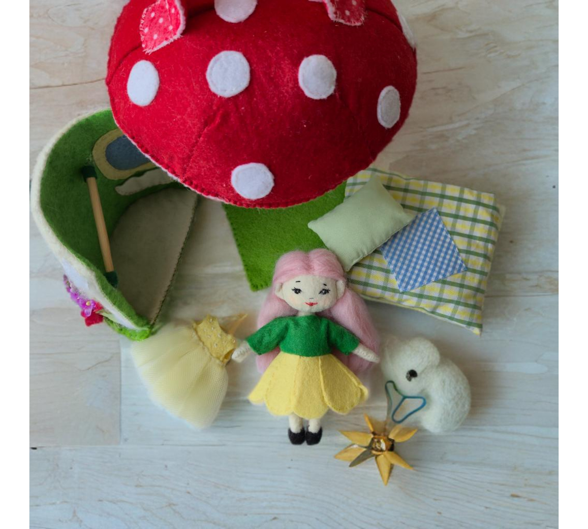 Mushroom Dollhouse Sewing Pattern PDF – Felt Fairy House with Doll and Interior
