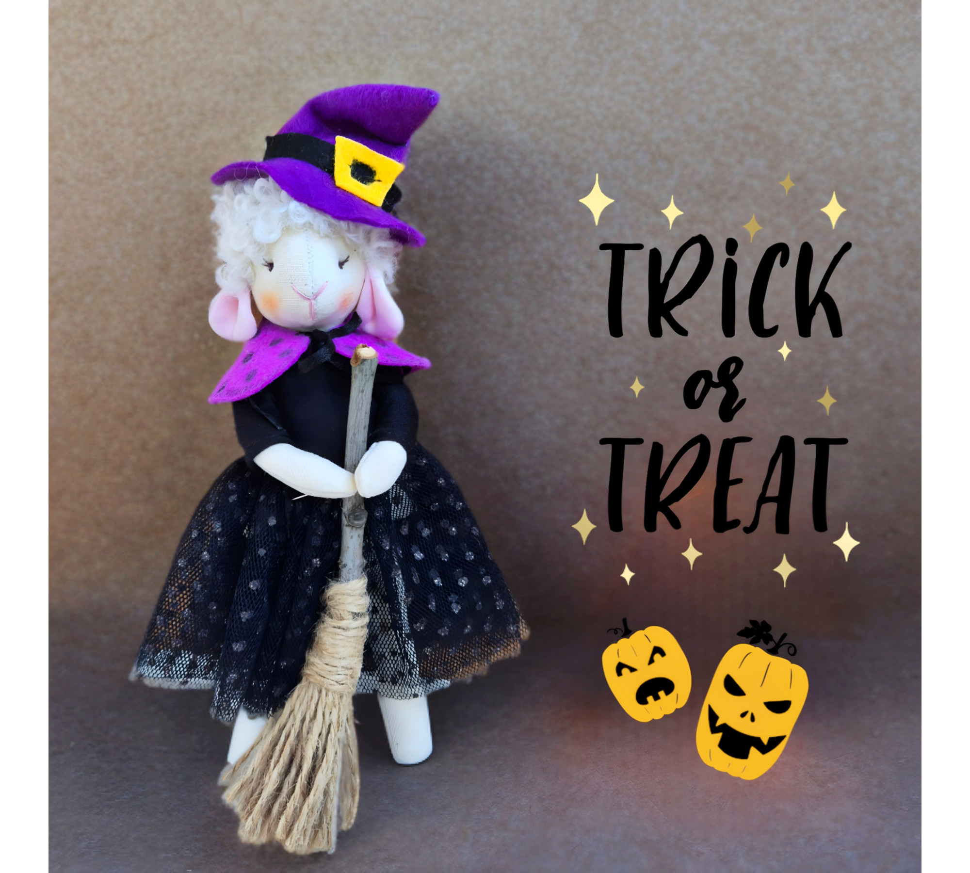 Lamb Sewing Pattern PDF – Halloween Witch Doll with Dress, Cape and Hat