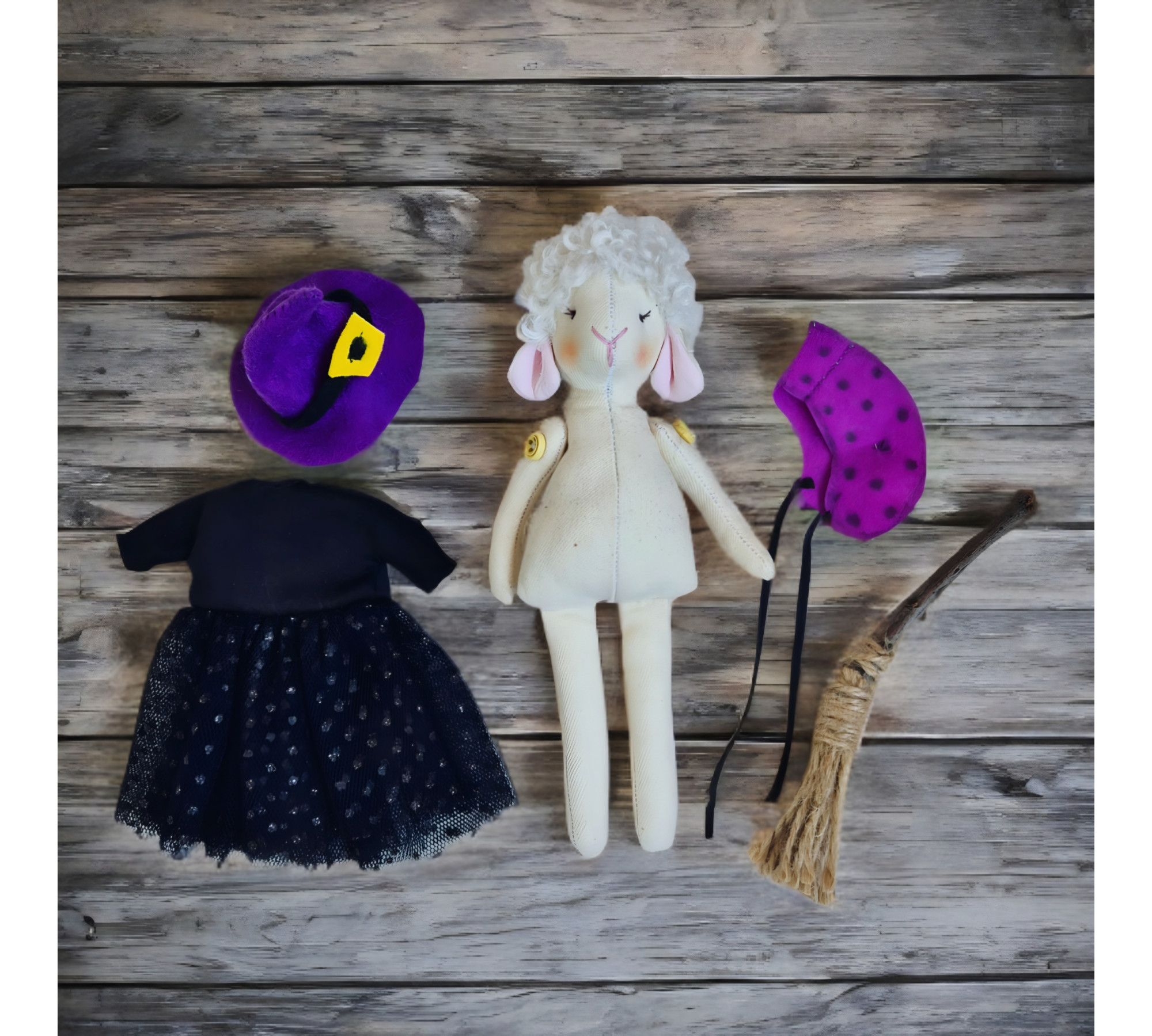 Lamb Sewing Pattern PDF – Halloween Witch Doll with Dress, Cape and Hat