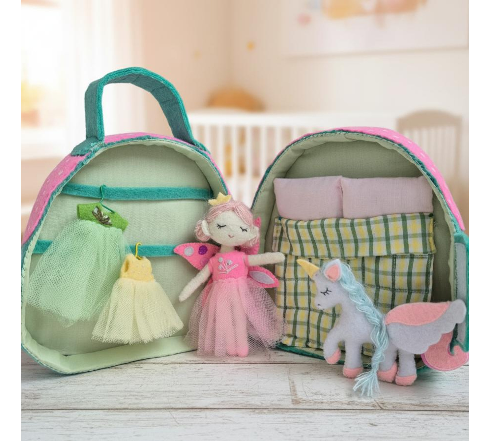 Felt Fairy Dollhouse Sewing Pattern PDF – Travel Toy Bag with Fairy Doll and Unicorn
