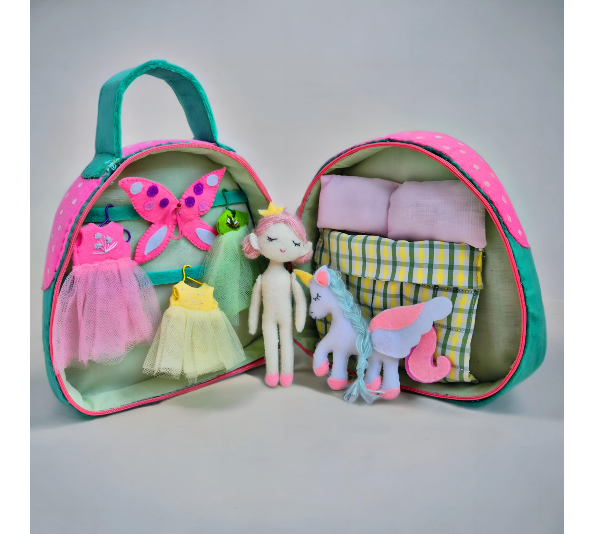 Felt Fairy Dollhouse Sewing Pattern PDF – Travel Toy Bag with Fairy Doll and Unicorn