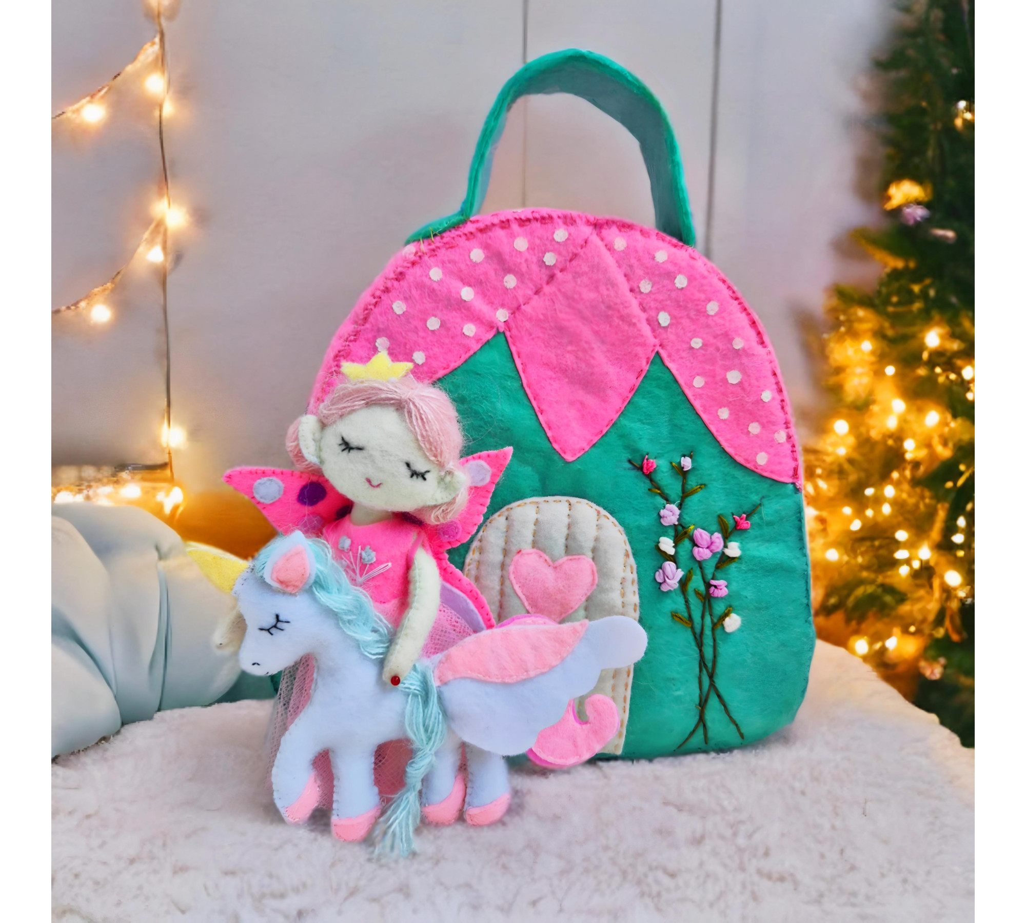 Felt Fairy Dollhouse Sewing Pattern PDF – Travel Toy Bag with Fairy Doll and Unicorn