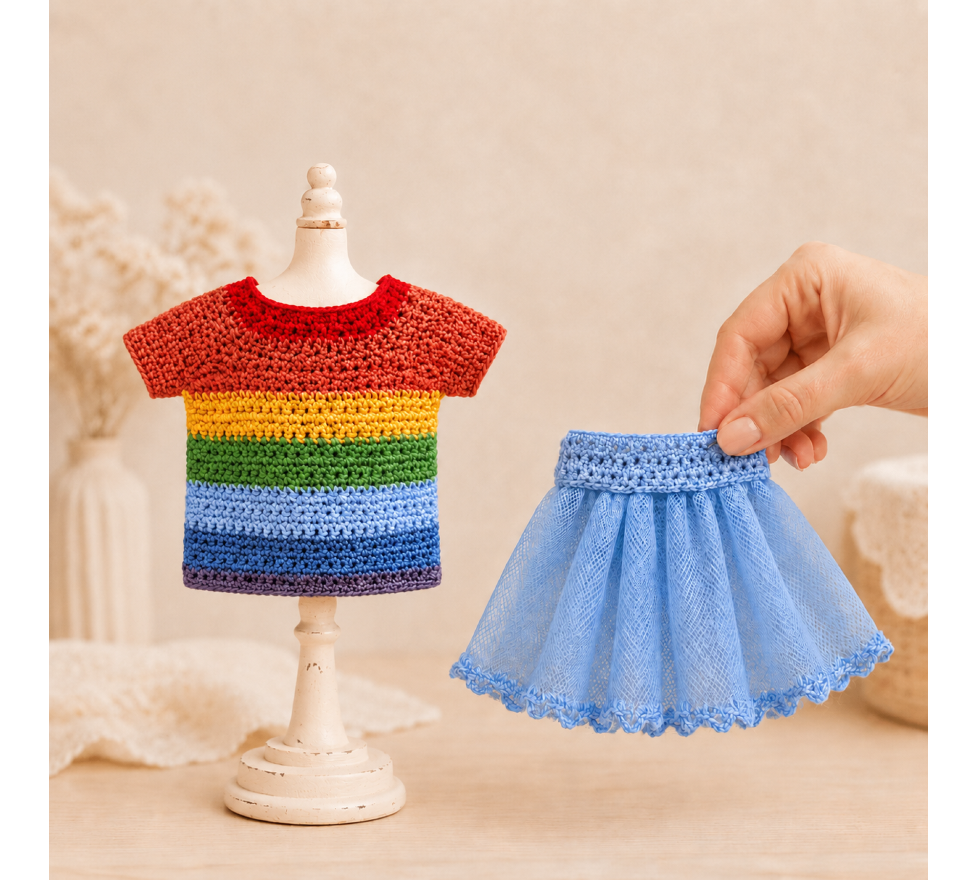 Crochet Doll Clothes Pattern PDF – Rainbow Shirt & Tulle Skirt for 7–9 Inch Dolls