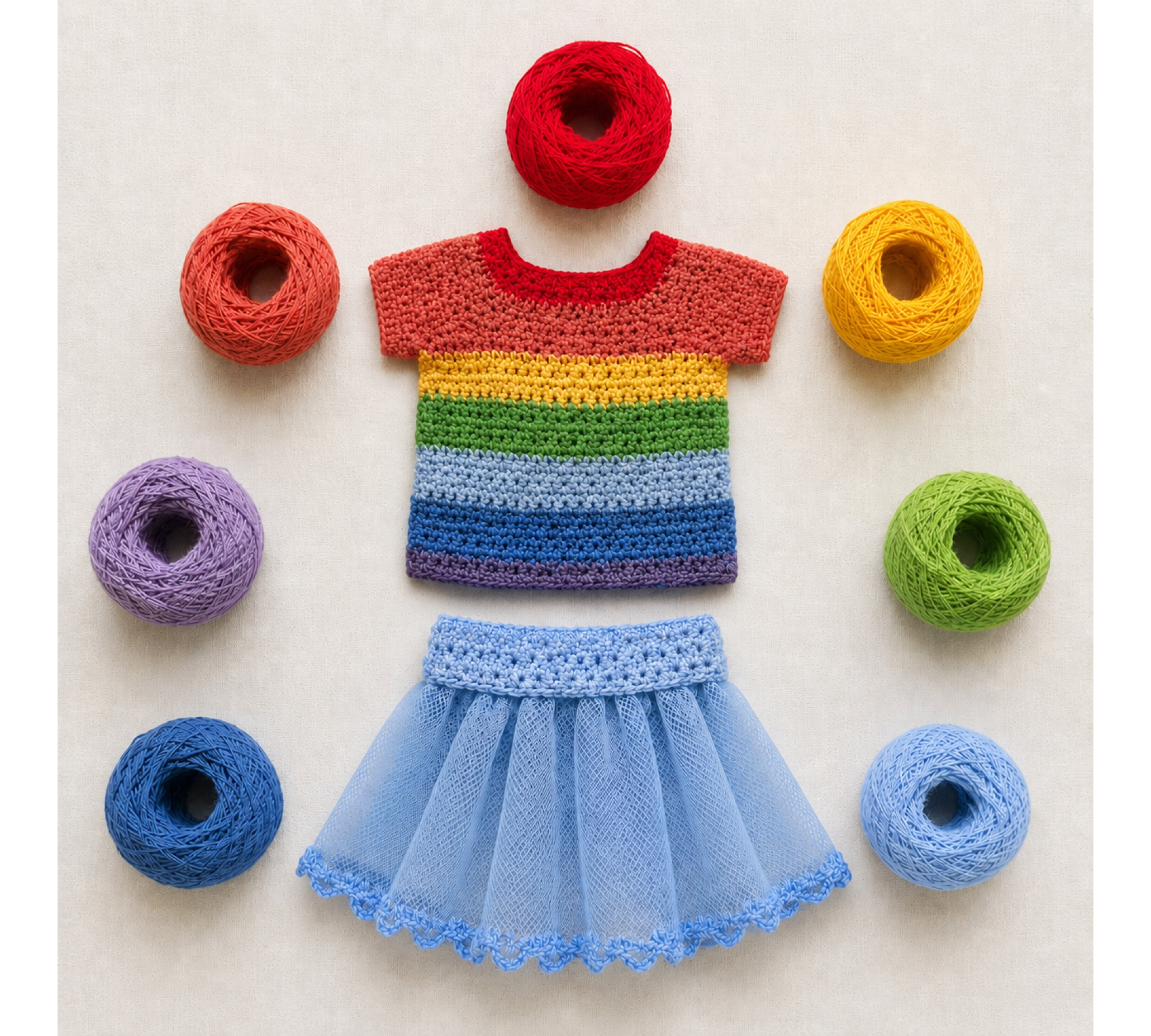 Crochet Doll Clothes Pattern PDF – Rainbow Shirt & Tulle Skirt for 7–9 Inch Dolls