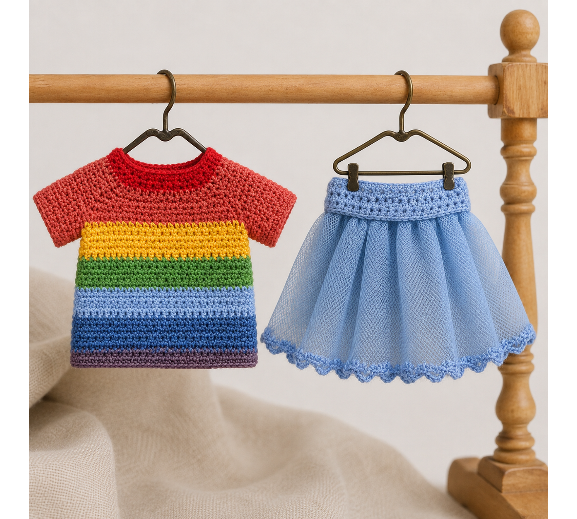 Crochet Doll Clothes Pattern PDF – Rainbow Shirt & Tulle Skirt for 7–9 Inch Dolls