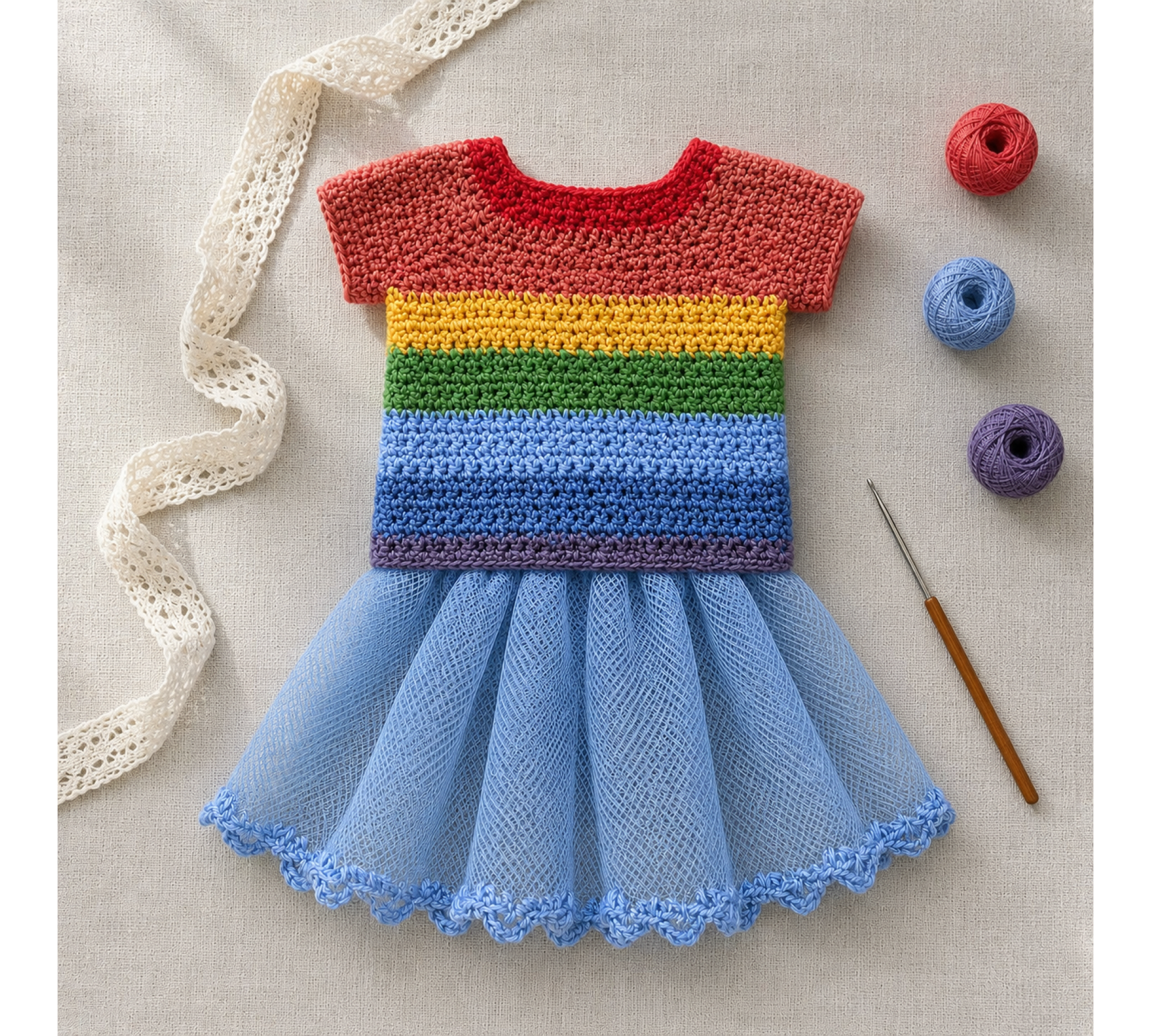 Crochet Doll Clothes Pattern PDF – Rainbow Shirt & Tulle Skirt for 7–9 Inch Dolls