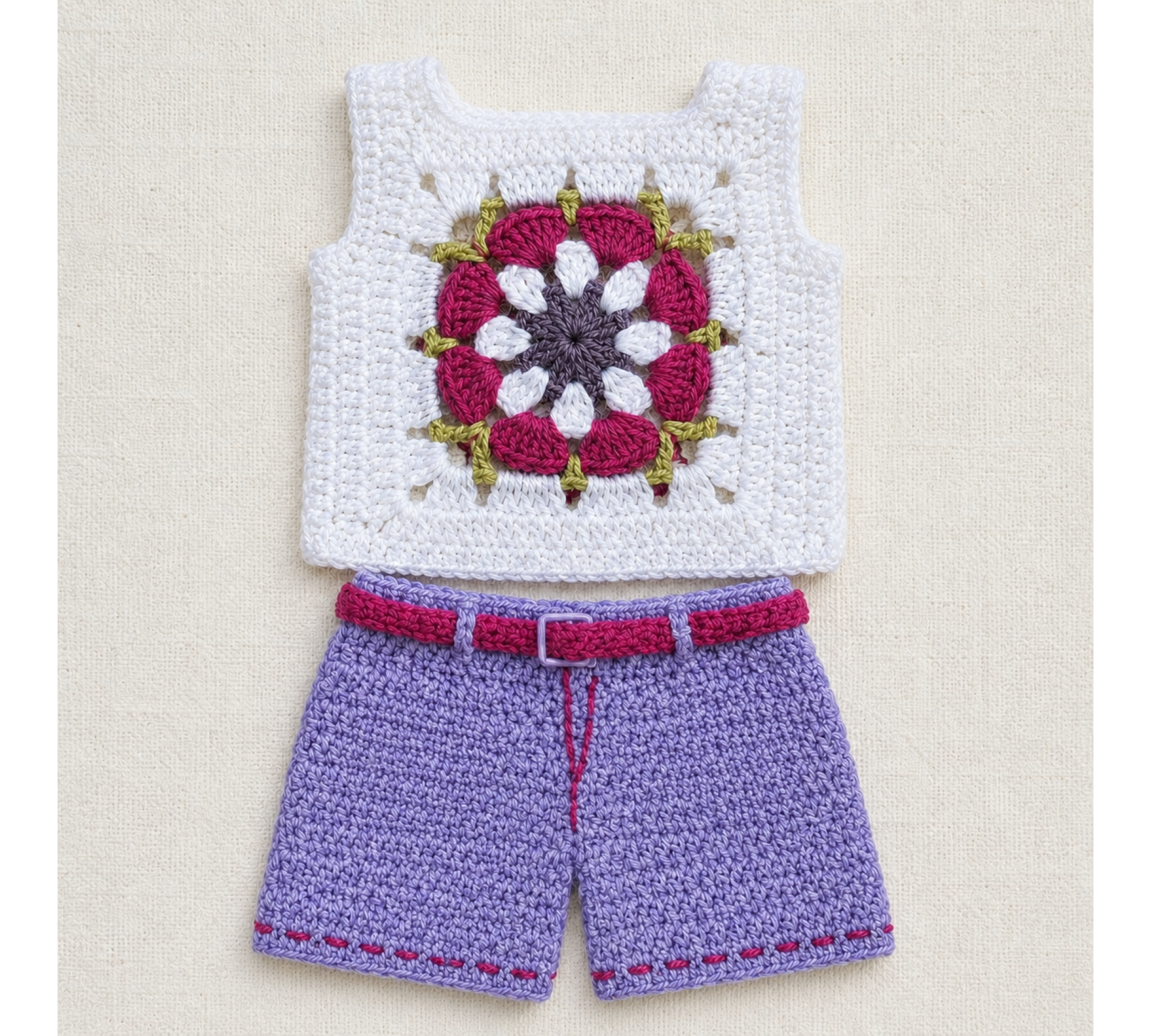 Crochet Doll Outfit Pattern PDF – Granny Square Top & Shorts for 7–9 Inch Dolls