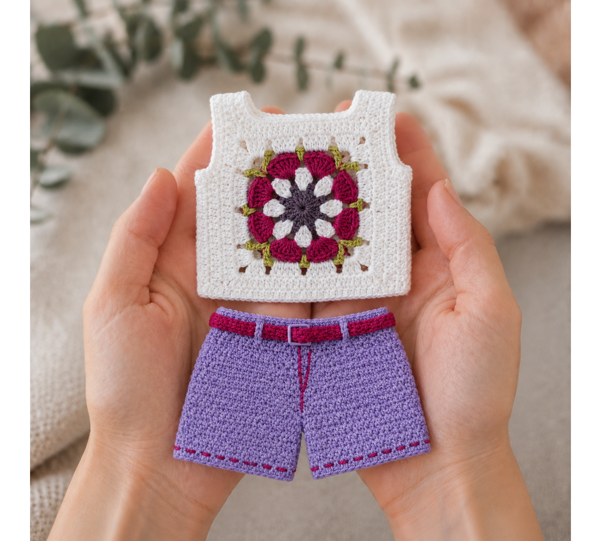 Crochet Doll Outfit Pattern PDF – Granny Square Top & Shorts for 7–9 Inch Dolls