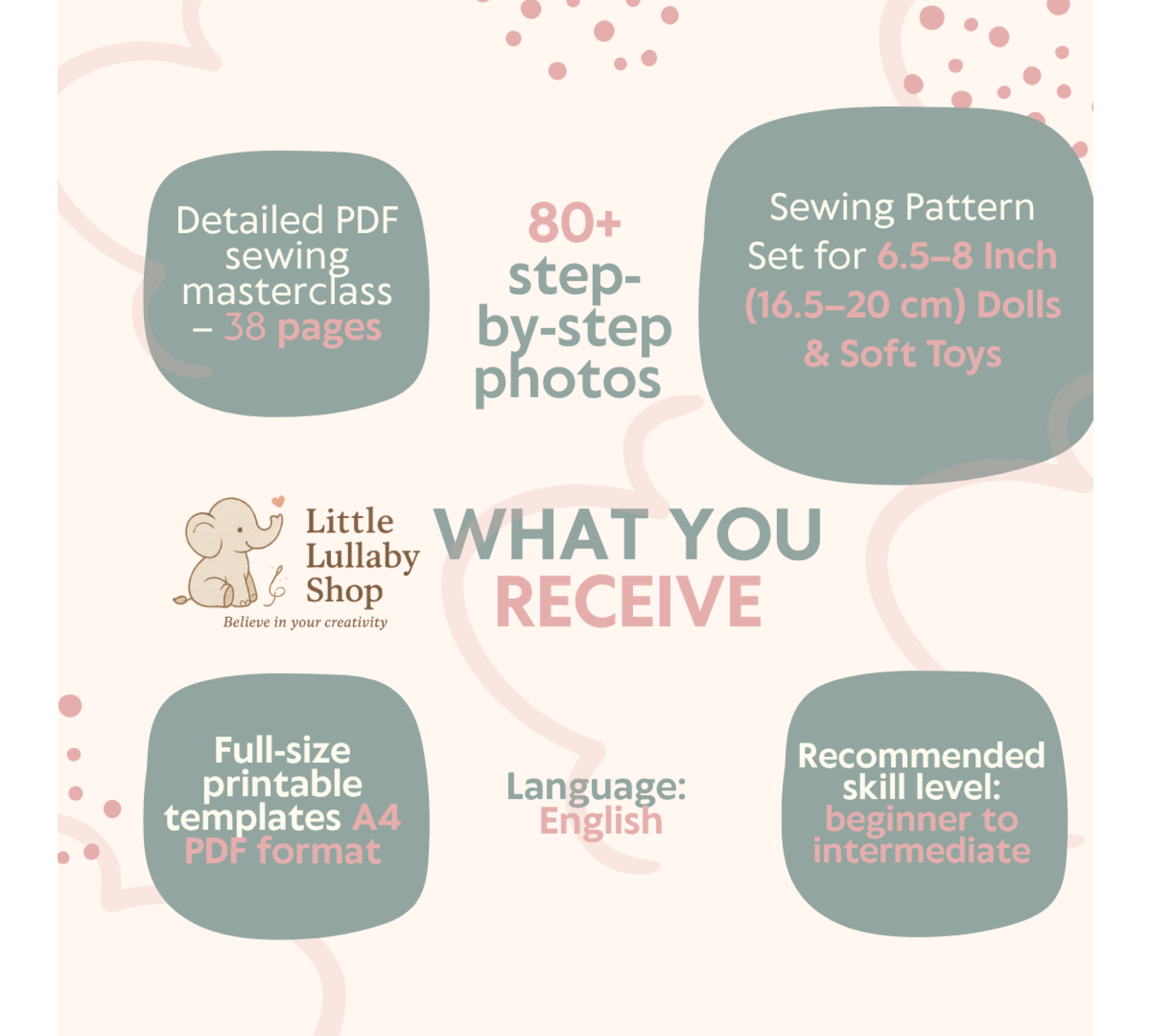 Doll Clothes Sewing Pattern PDF – 4 Little Dresses for 6.5–8 Inch Dolls