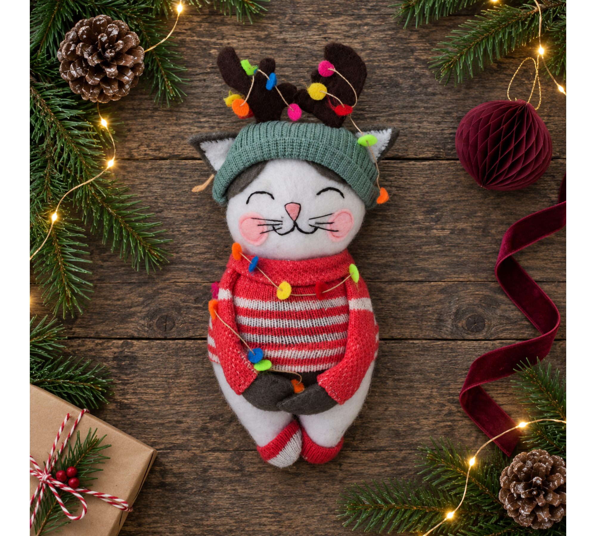 Christmas Cat Felt Sewing Pattern PDF – 6 Inch Doll with Reindeer Hat & Sweater