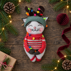 Christmas Cat Felt Sewing Pattern PDF – 6 Inch Doll with Reindeer Hat & Sweater