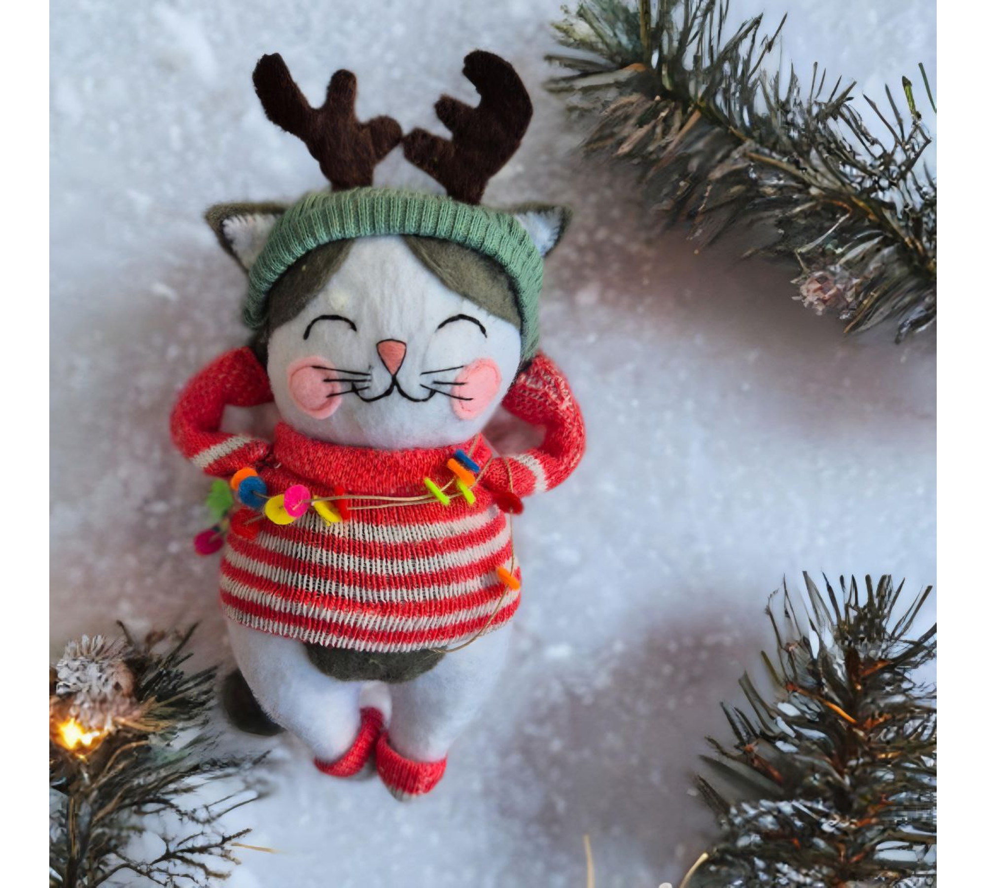 Christmas Cat Felt Sewing Pattern PDF – 6 Inch Doll with Reindeer Hat & Sweater