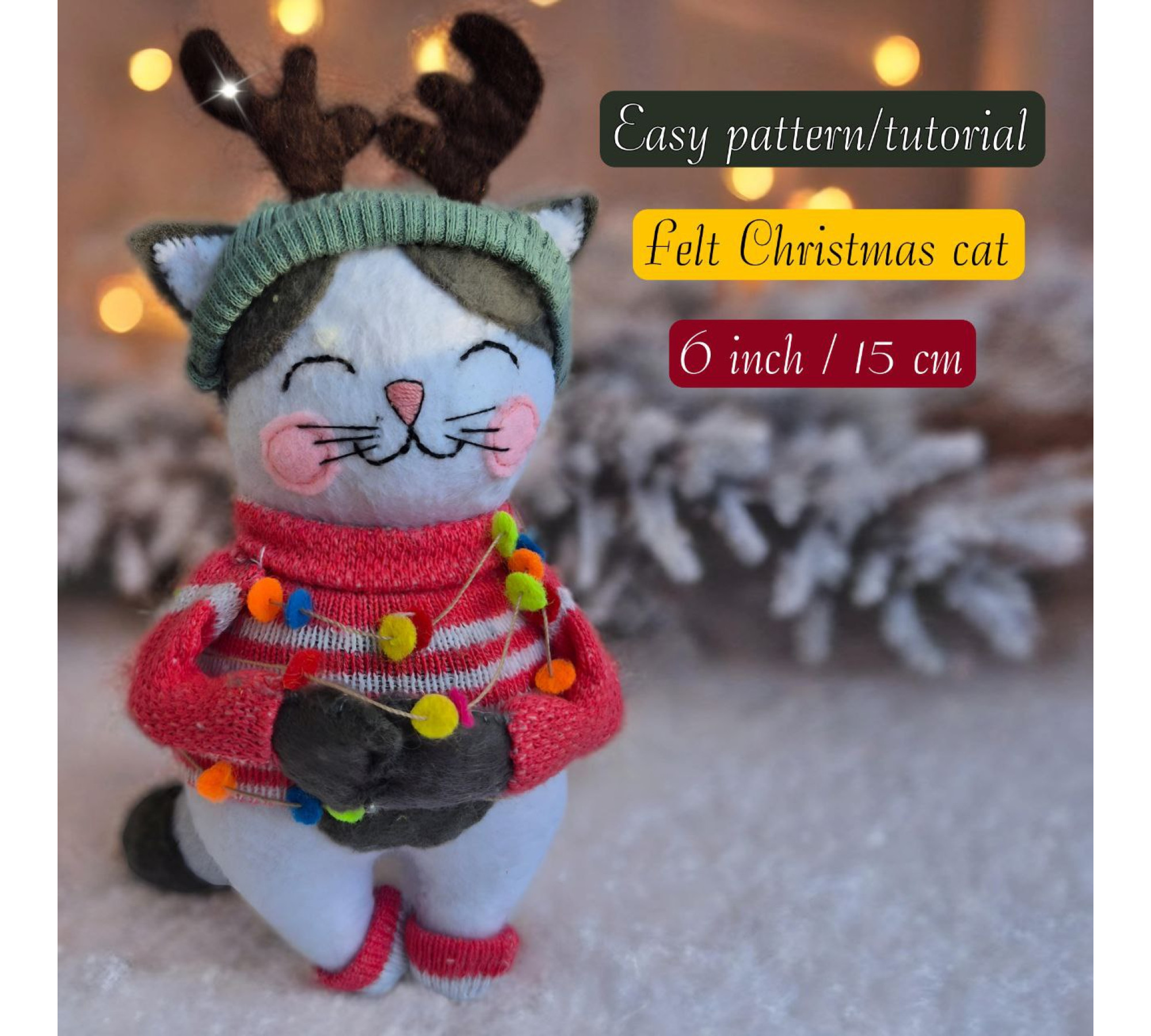 Christmas Cat Felt Sewing Pattern PDF – 6 Inch Doll with Reindeer Hat & Sweater