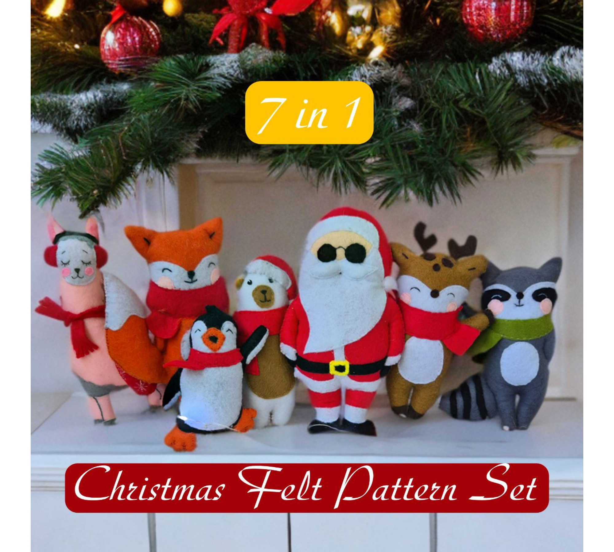 Christmas Felt Ornament Sewing Patterns PDF – 7 Holiday Animals & Santa